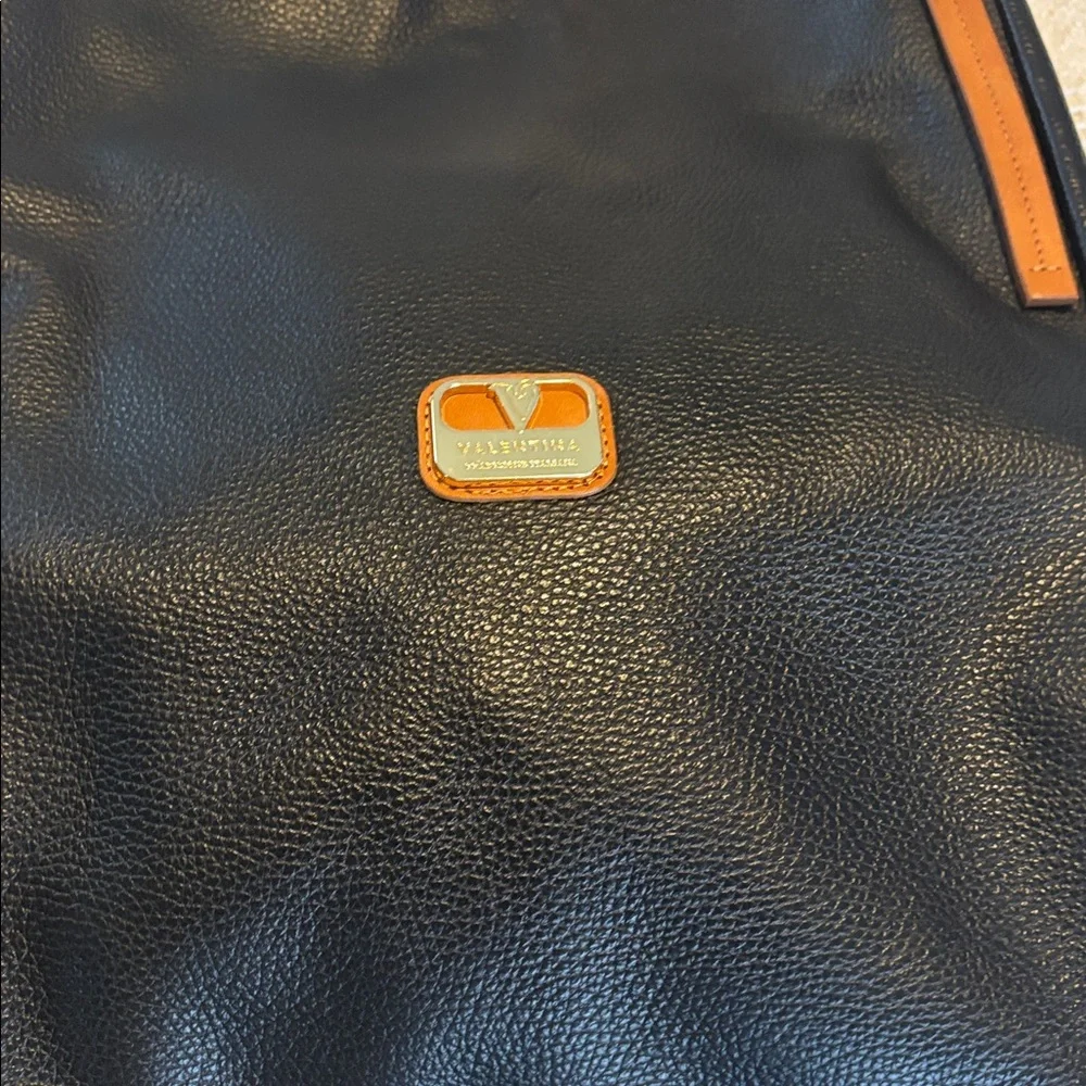 Valentina‎ Black and Tan Pebbled Leather Tote Shoulder Bag